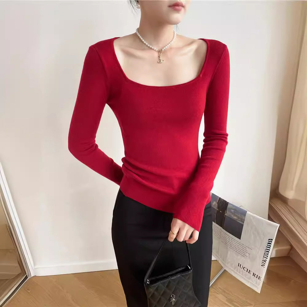 2000s fashion 7356 Autumn and Winter New 14-Pin Cashmere Hong Kong Style Retro Square Collar Leaky Collarbone Slim Slimming Sexy Sweater