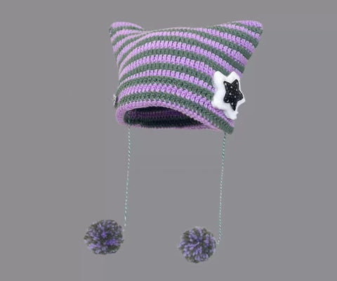 grunge outfits Fur Ball Style Ins Little Devil Striped Knitted Wool Hat Punk Style Cat Ears Cute Pointed Hat Curling Cold Hat