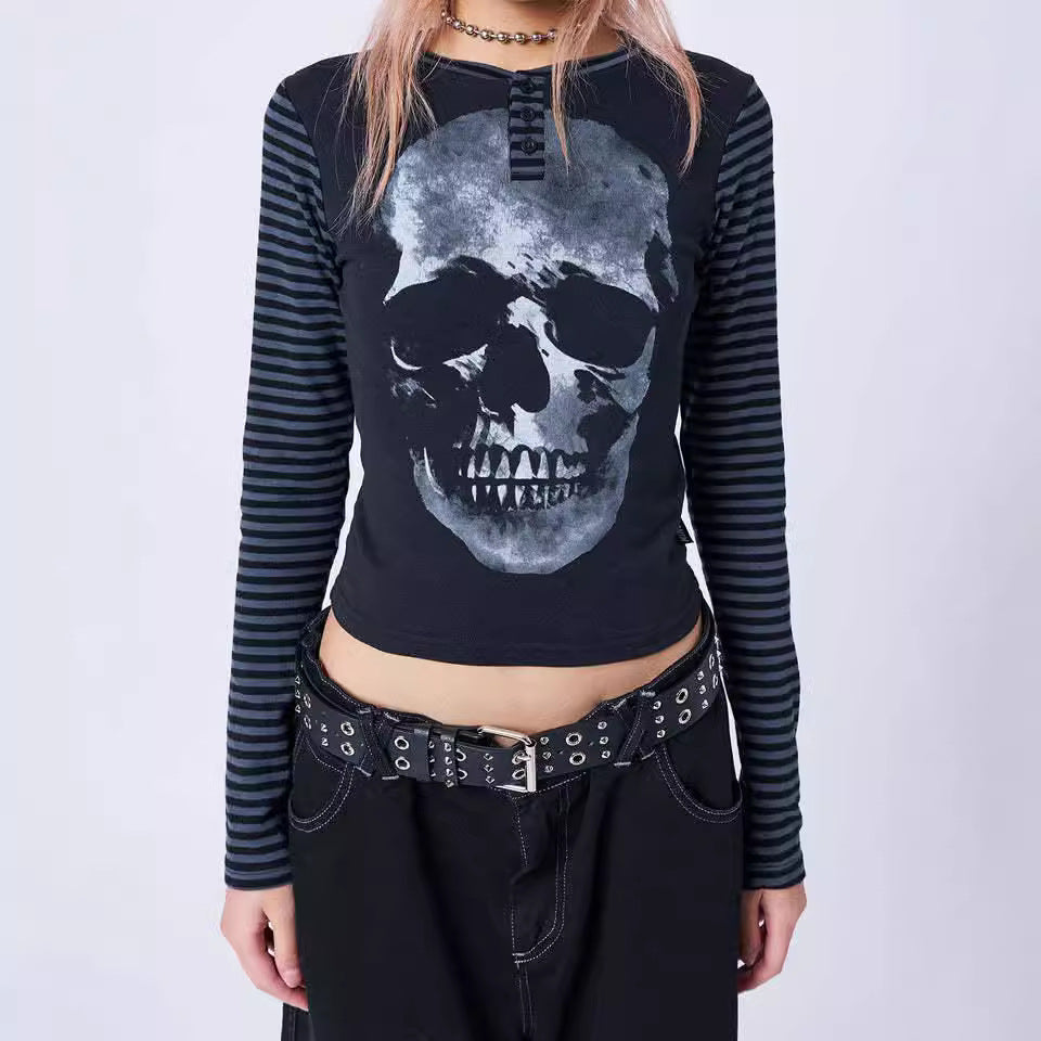 INS Style Women's Clothing Spring New Abstract Skull Printed Long-Sleeved T-shirt Personality Striped Top