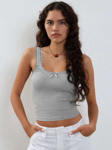 Sonicelife-Grey Tank Lace Sleeveless Crop Top