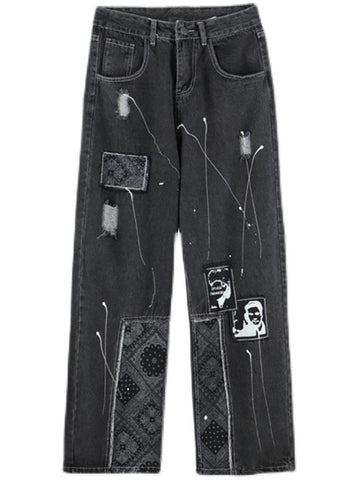 Sonicelife Patchwork Paisley Print Boyfriend Jeans