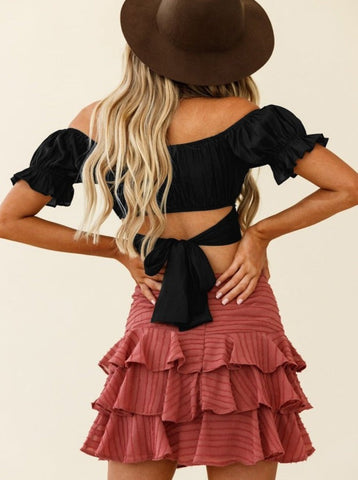 Sonicelife-Off Shoulder Back Tie Short-Sleeved Ruffled Crop Top