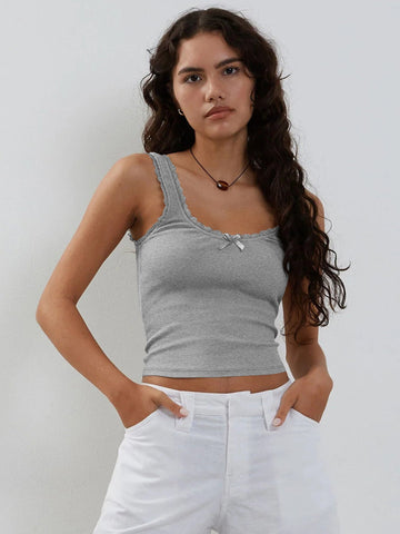 Sonicelife-Grey Tank Lace Sleeveless Crop Top