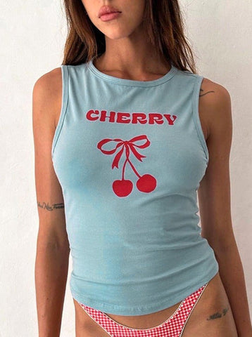 Sonicelife Letter Cherry Print Sleeveless Round Neck Tops