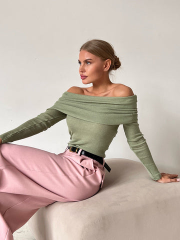 Sonicelife-Solid Color Off Shoulder Long Sleeves Pull Over Shirt