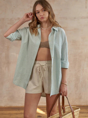 Sonicelife-Casual Green Loose Button Down Striped Long Sleeve Shirt