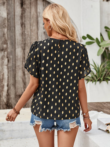 Sonicelife-Polka Dots Printed Round Neck Petal Sleeve Blouse