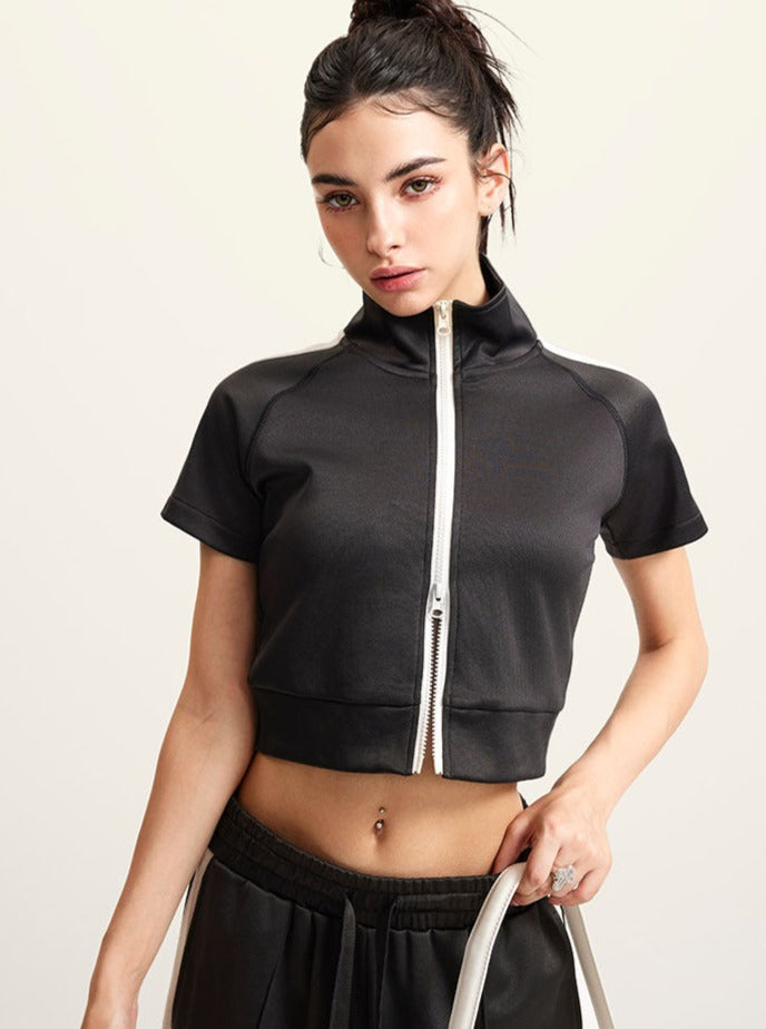 Sonicelife-Charcoal Gray Half Turtle Collar Double Zipper Cardigan Short-Sleeved Top