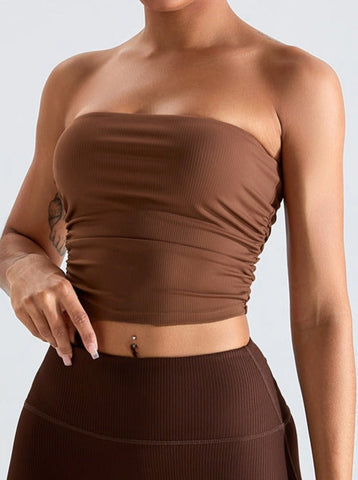 Sonicelife-Brown Threaded Chest-Wrapped Slim Fitting Tube Top