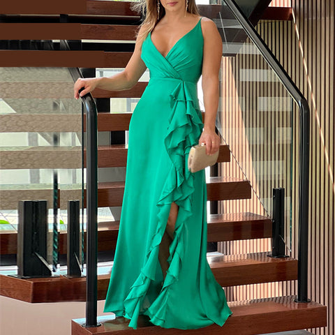 prom dresses Women's 2024 Summer New Strap V-neck High Waist Ruffled Irregular Slit Dress Dress