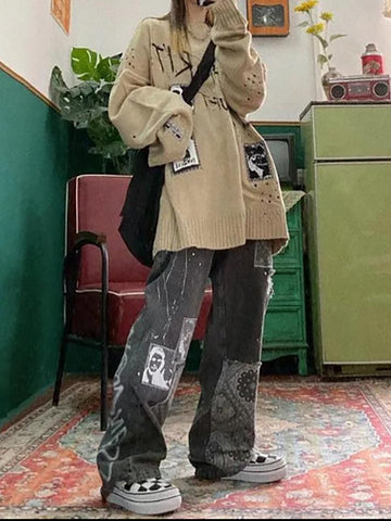 Sonicelife Patchwork Paisley Print Boyfriend Jeans