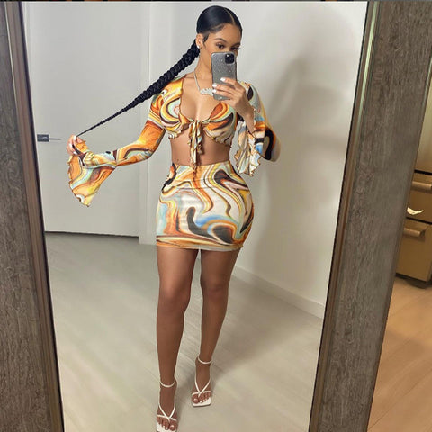 Sonicelife hoco dresses Bow Lace Print Sheath  Women Two Piece Sets 2024 Flare Sleeve V-Neck Hot Female Mesh Ruched Clubwear Outfits