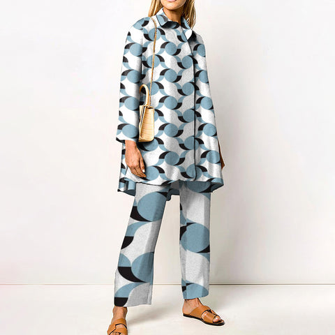 Sonicelife Women Sets Autumn Winter Geometric Color Block Patchwork Printed Straight Tube Suit Loose Style Two-piece Sets