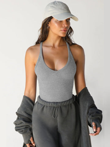 Sonicelife-Grey Halter V-Neck Plain Sleeveless Top