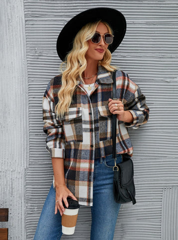 Sonicelife-Plaid Button Up Classic Long Sleeve Cardigan