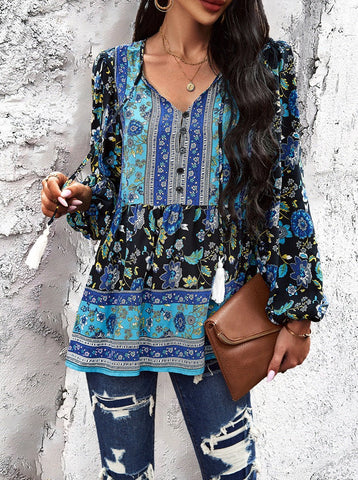 Sonicelife-Bohemian V-Neck Tassel Tie Long Sleeve Shirt