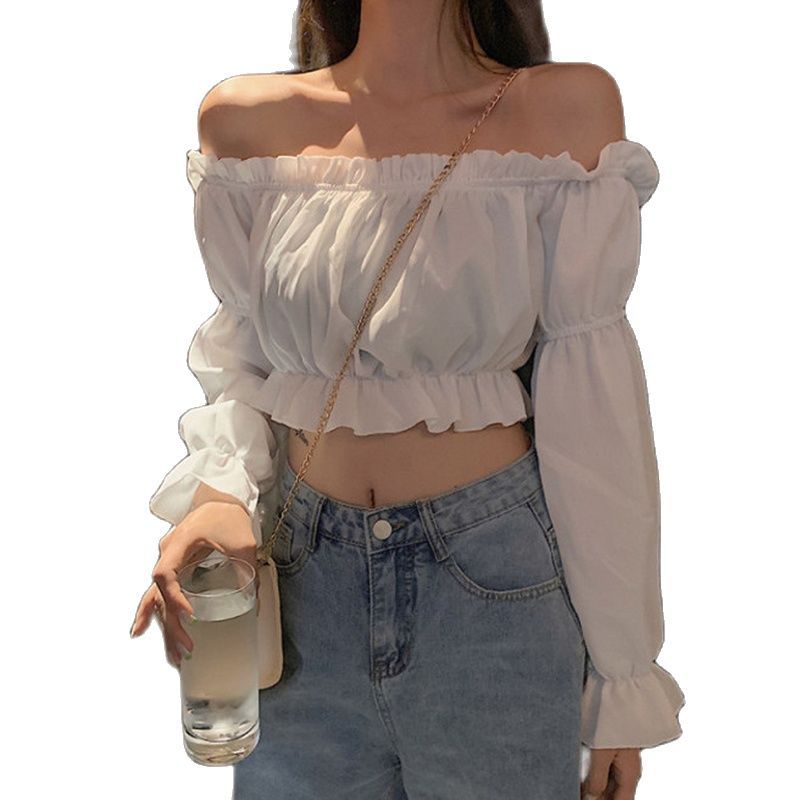 off shoulder  Spring and Summer 2024 New off-Shoulder off-Shoulder Design Top for Female Students High Waist off-the-Navel Puff Sleeve T-shirt for Female Fashion