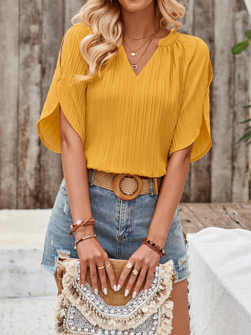 Sonicelife-Solid Color V-Neck Slim Hollow Tops