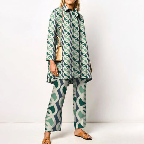 Sonicelife Women Sets Autumn Winter Geometric Color Block Patchwork Printed Straight Tube Suit Loose Style Two-piece Sets