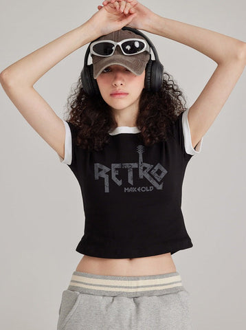 Sonicelife-Black Printed Round Collar Short-Sleeved Top