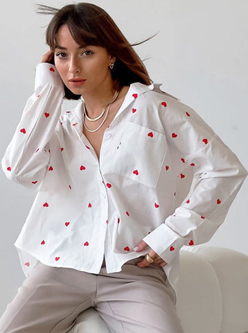 Sonicelife-Heart Print Long Sleeve Pocket Shirt