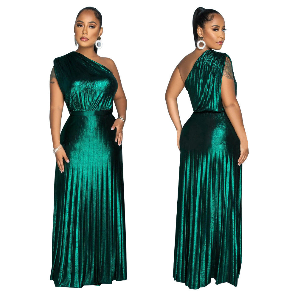 K10693 Women's Fashion Oblique Collar Sleeveless Slim-Fit Pleated Dress