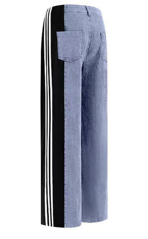 dti outfits 2024 Women's New Casual Fashion All-Match High Waist Stretch Contrast Color Knitted Stitching Denim Straight Trousers