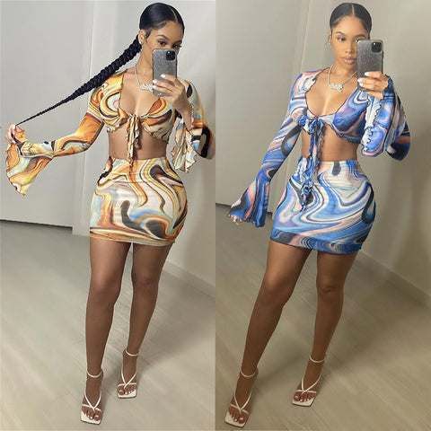 Sonicelife hoco dresses Bow Lace Print Sheath  Women Two Piece Sets 2024 Flare Sleeve V-Neck Hot Female Mesh Ruched Clubwear Outfits
