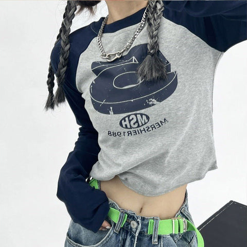 Sonicelife 90s streetwear Y2g Autumn New Street Design Contrast Color Casual Women's Long-Sleeved T-shirt round Neck Versatile Top