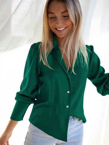 Sonicelife-Green Women Loose Button Down Long Sleeve Shirt