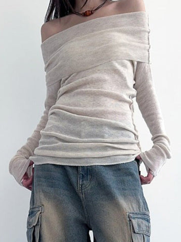 Sonicelife-Off Shoulder Long Sleeve Elegant Plain Knit Shirt
