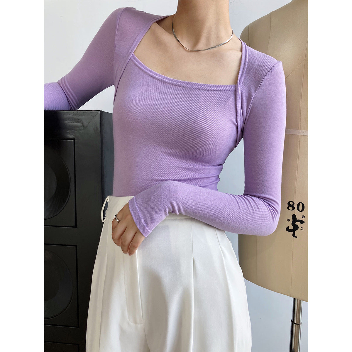 2000s fashion Luxi French Style Long Sleeve Square Collar T-shirt Women's Slim Fit Slimming Fake Two-Piece Top Autumn Thin Bottoming Shirt 283