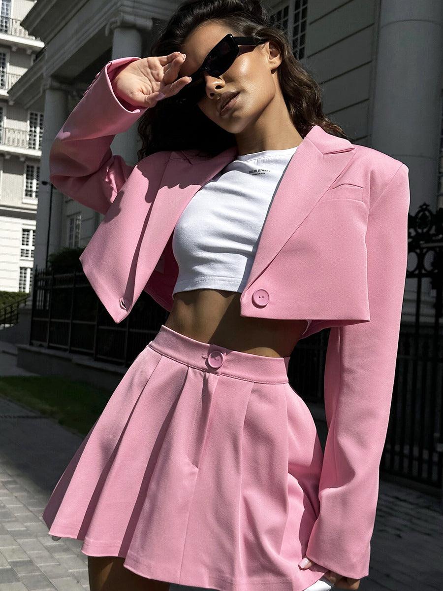 Sonicelife-Cross-border suit and short skirt suit European and American 2024 spring Y2K straight shoulder lapel small suit + miniskirt suit suit