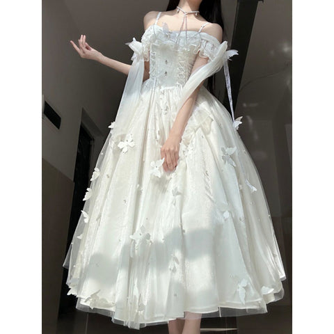 mythical creatures dress to impress Evening Dress New White Summer Wind Chimes Spring and Summer White Moonlight Feeling Stairs Butterfly Theme Fairy Fairy Fairy Skirt