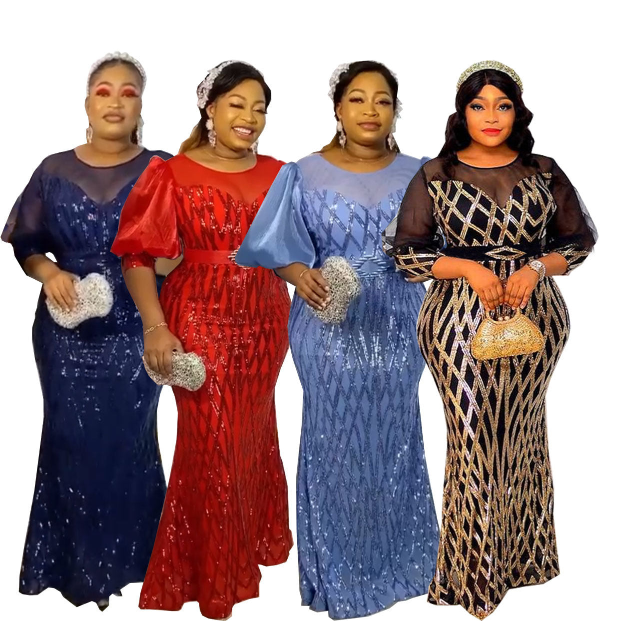 African Fashion Women's Sequined Mesh Evening Dress Slim Mop Dress