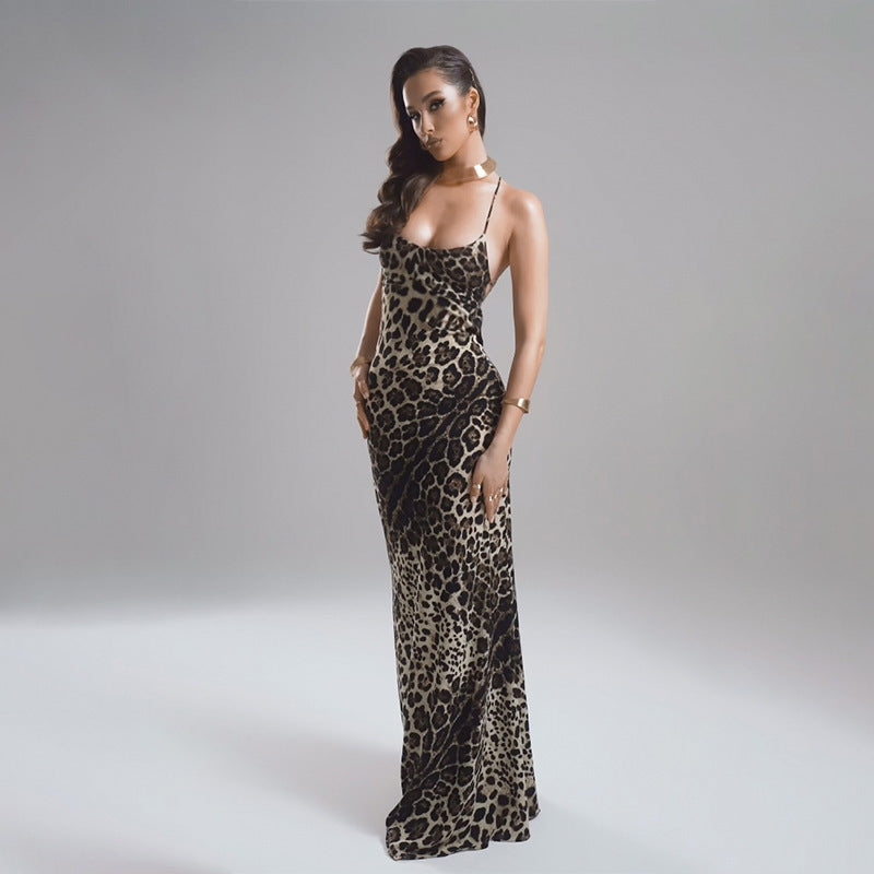 Summer 2024 New Slim Strap Dress Style Sexy Leopard Print Backless Strap Dress
