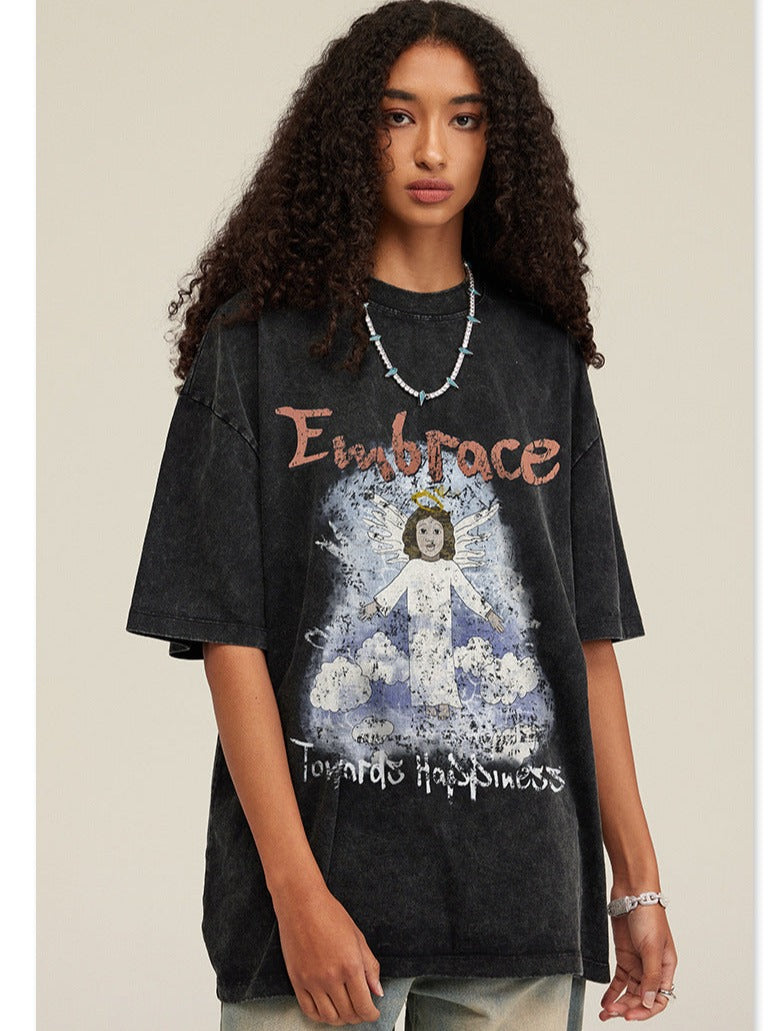 Sonicelife-Spring Black Basic Angel Printed Oversized Shirt