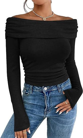 leapord halloween outfit Modal Fabric Women's Sexy off-the-Shoulder Top T-shirt Slim-Fit Long Sleeve Bottoming