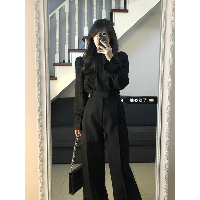 men’s outfits Yujie Style Texture Long-Sleeved Shirt Suit Women's Autumn High Waist Straight Wide-Leg Pants Elegant Black Lantern Sleeve Top