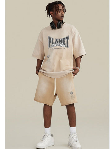 Sonicelife-Spring Beige Basic Planet Printed Oversized Shirt