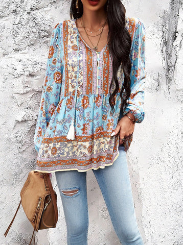 Sonicelife-Bohemian V-Neck Tassel Tie Long Sleeve Shirt