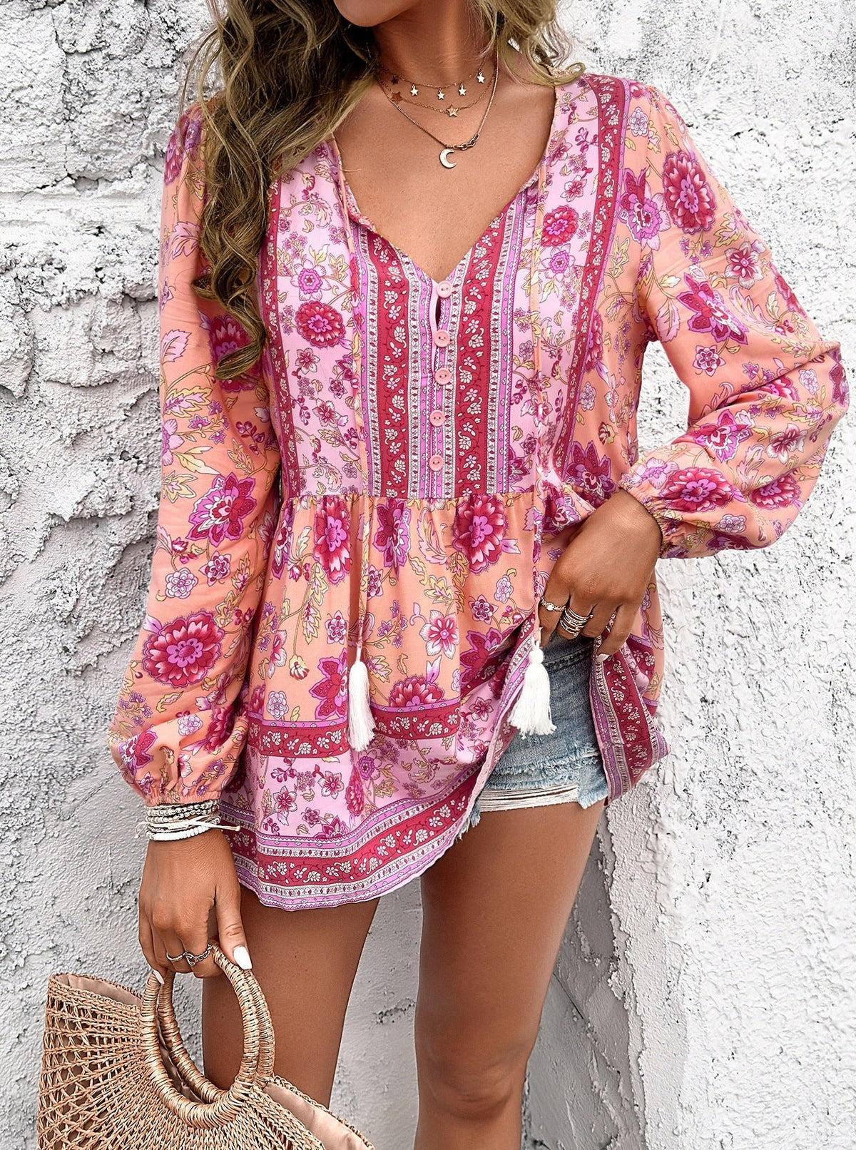 Sonicelife-Bohemian V-Neck Tassel Tie Long Sleeve Shirt