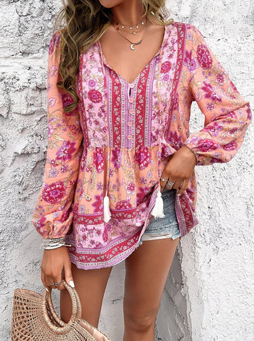 Sonicelife-Bohemian V-Neck Tassel Tie Long Sleeve Shirt