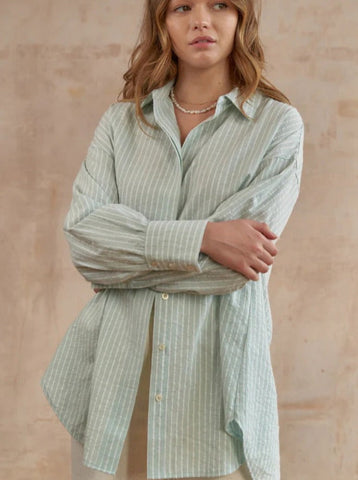 Sonicelife-Casual Green Loose Button Down Striped Long Sleeve Shirt