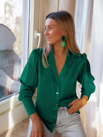 Sonicelife-Green Women Loose Button Down Long Sleeve Shirt