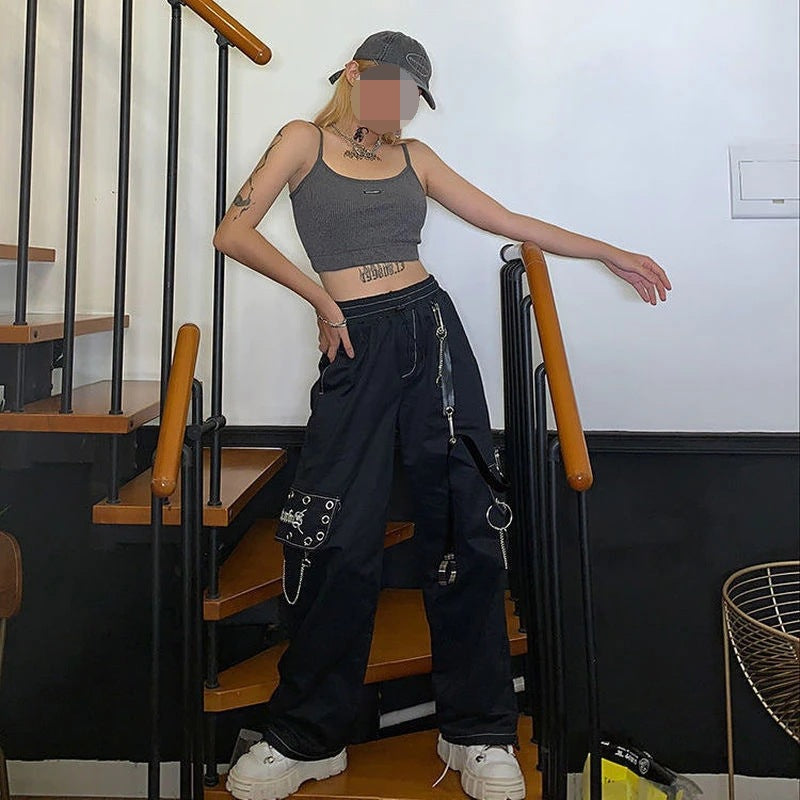 concert outfit Harajuku Block Hot Girl Pants Women Hong Kong Style Fried Street Pants Black Casual Gothic Style Street Hip Hop Tooling Wide Leg Pants