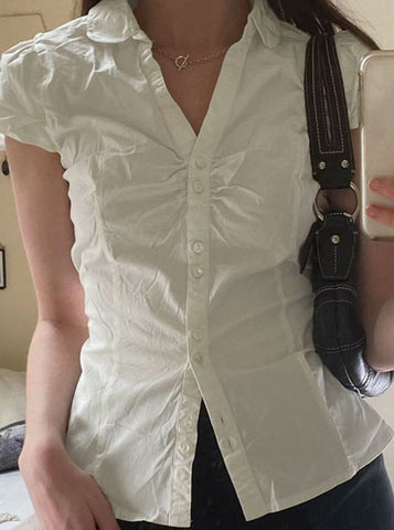 Sonicelife-Women's Small Pleated Simple Back Strap Short Sleeve Shirt