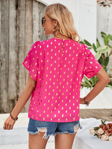 Sonicelife-Polka Dots Printed Round Neck Petal Sleeve Blouse