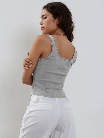 Sonicelife-Grey Tank Lace Sleeveless Crop Top