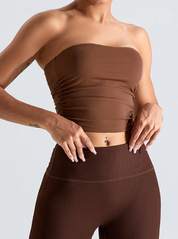 Sonicelife-Brown Threaded Chest-Wrapped Slim Fitting Tube Top